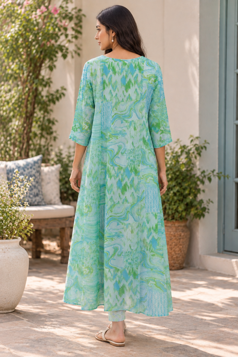 Mint Green Abstract Printed A-Line Kurta