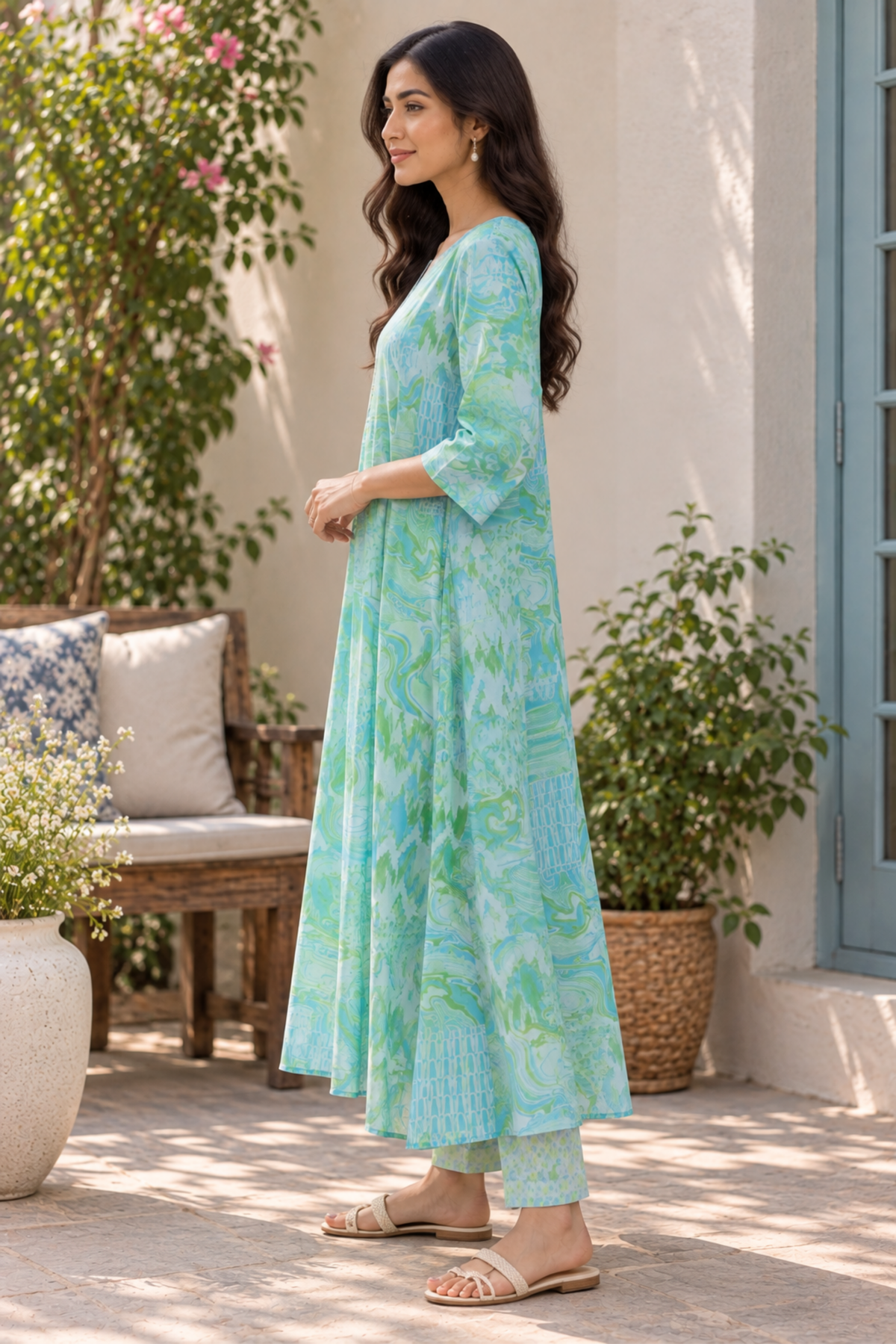 Mint Green Abstract Printed A-Line Kurta