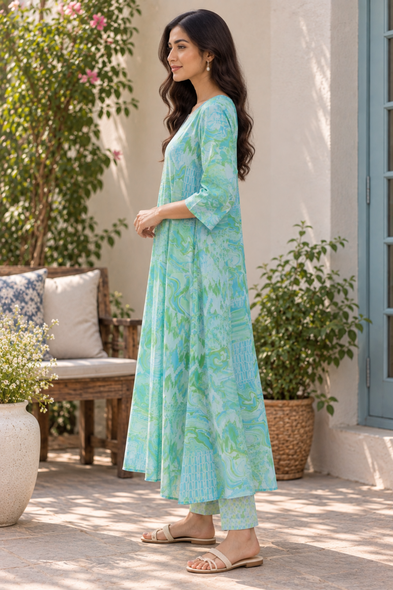 Mint Green Abstract Printed A-Line Kurta