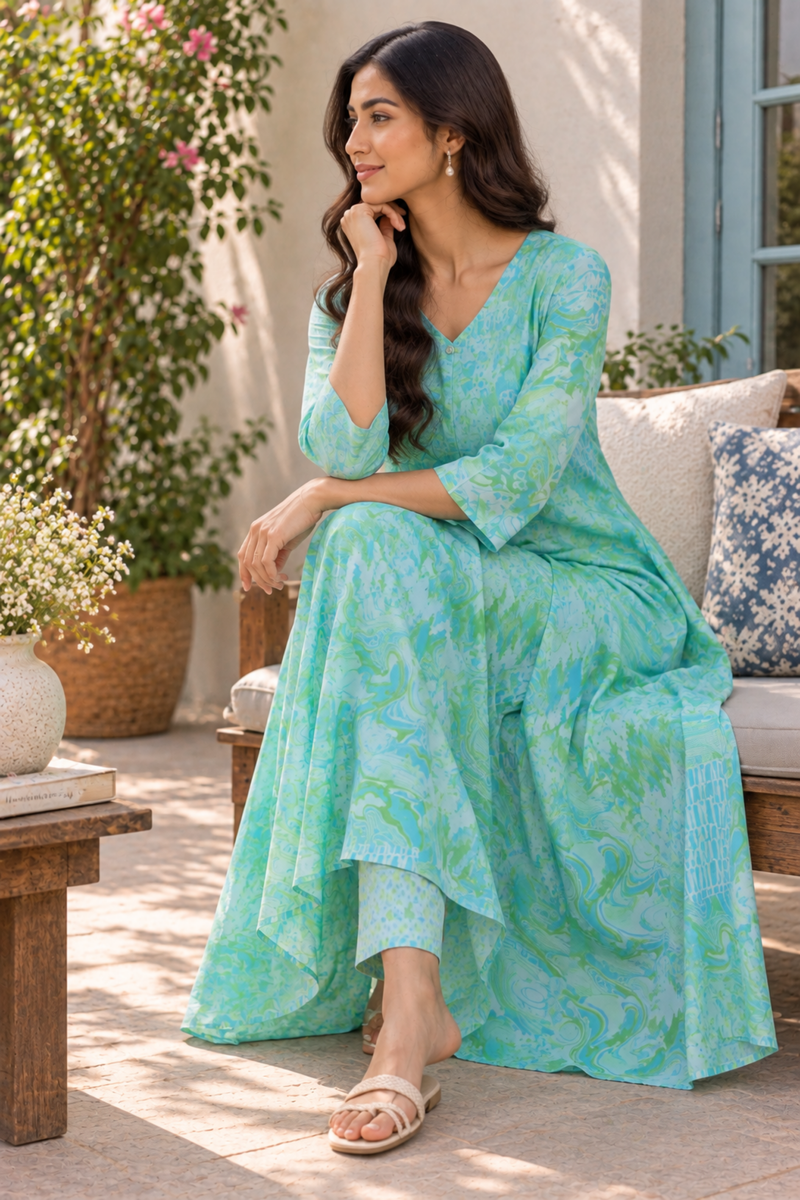 Mint Green Abstract Printed A-Line Kurta