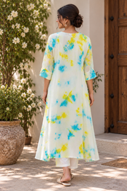 White Floral Tie-Dye A-Line Kurta Set