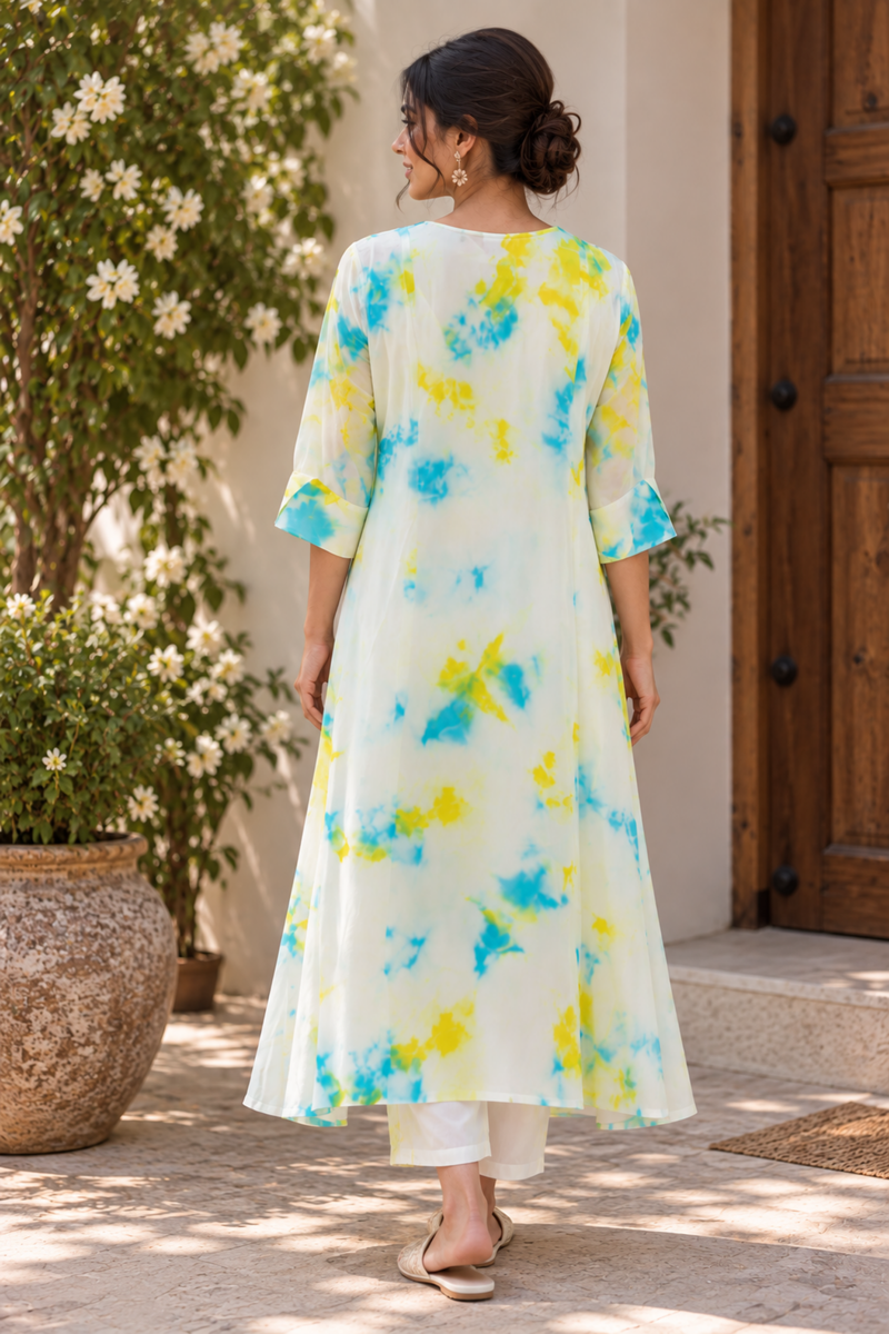 White Floral Tie-Dye A-Line Kurta Set
