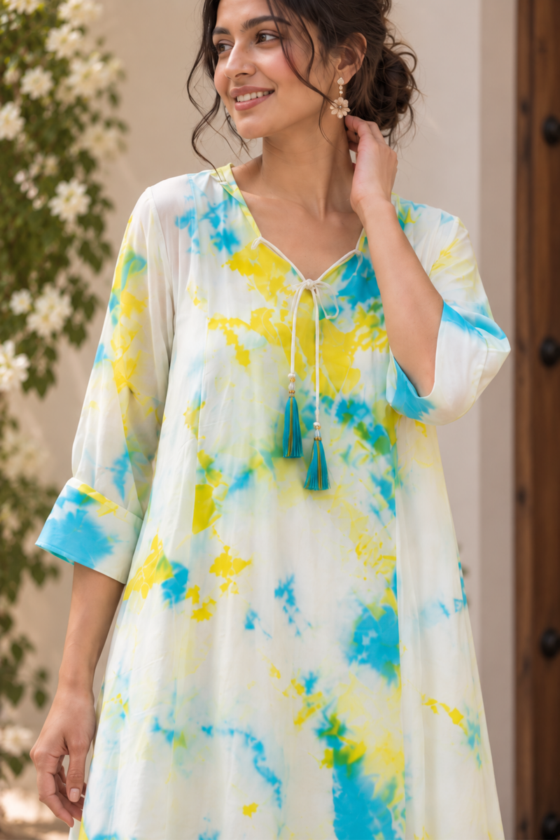 White Floral Tie-Dye A-Line Kurta Set