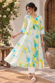 White Floral Tie-Dye A-Line Kurta Set