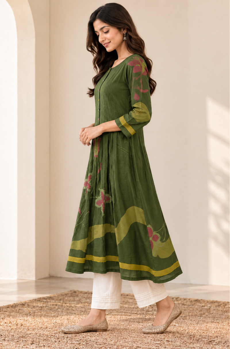 Olive Green Floral Printed Anarkali Kurta Set