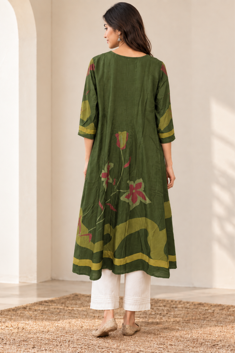 Olive Green Floral Printed Anarkali Kurta Set