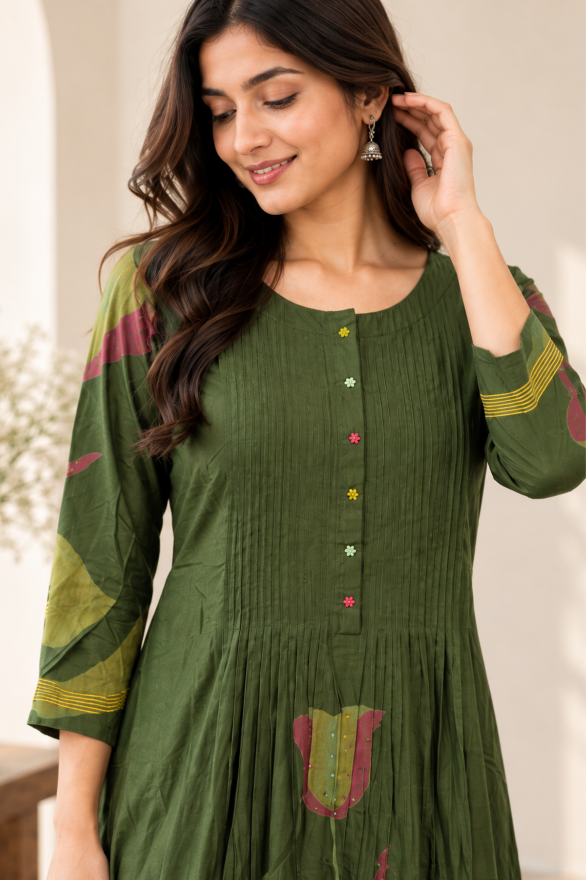 Olive Green Floral Printed Anarkali Kurta Set
