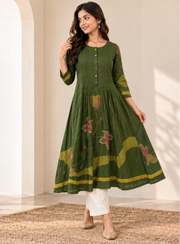 Olive Green Floral Printed Anarkali Kurta Set
