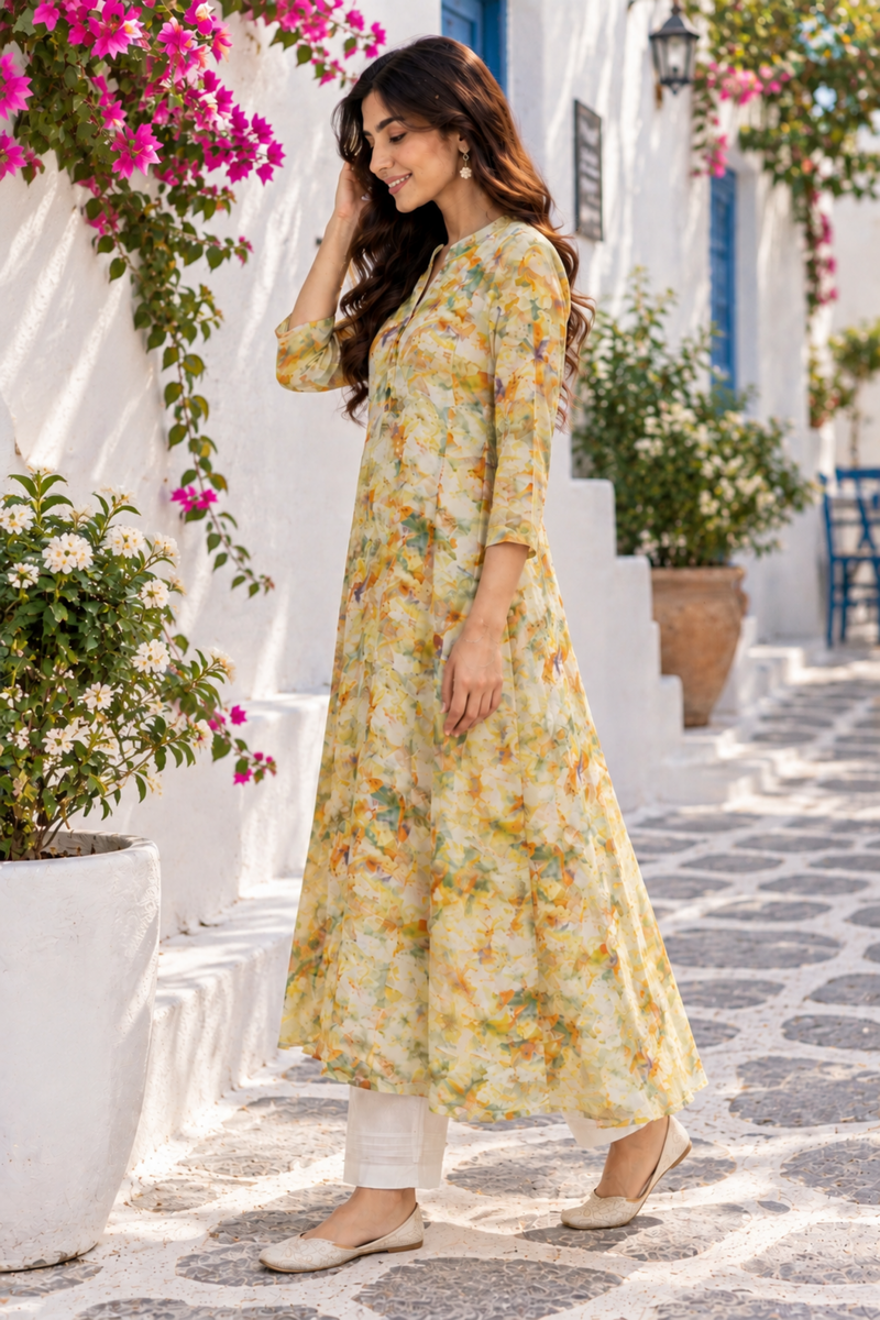 Ivory Floral Printed Anarkali Kurta Set