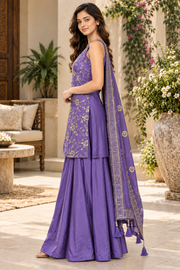 Purple Floral Embroidered Sharara Set With Dupatta