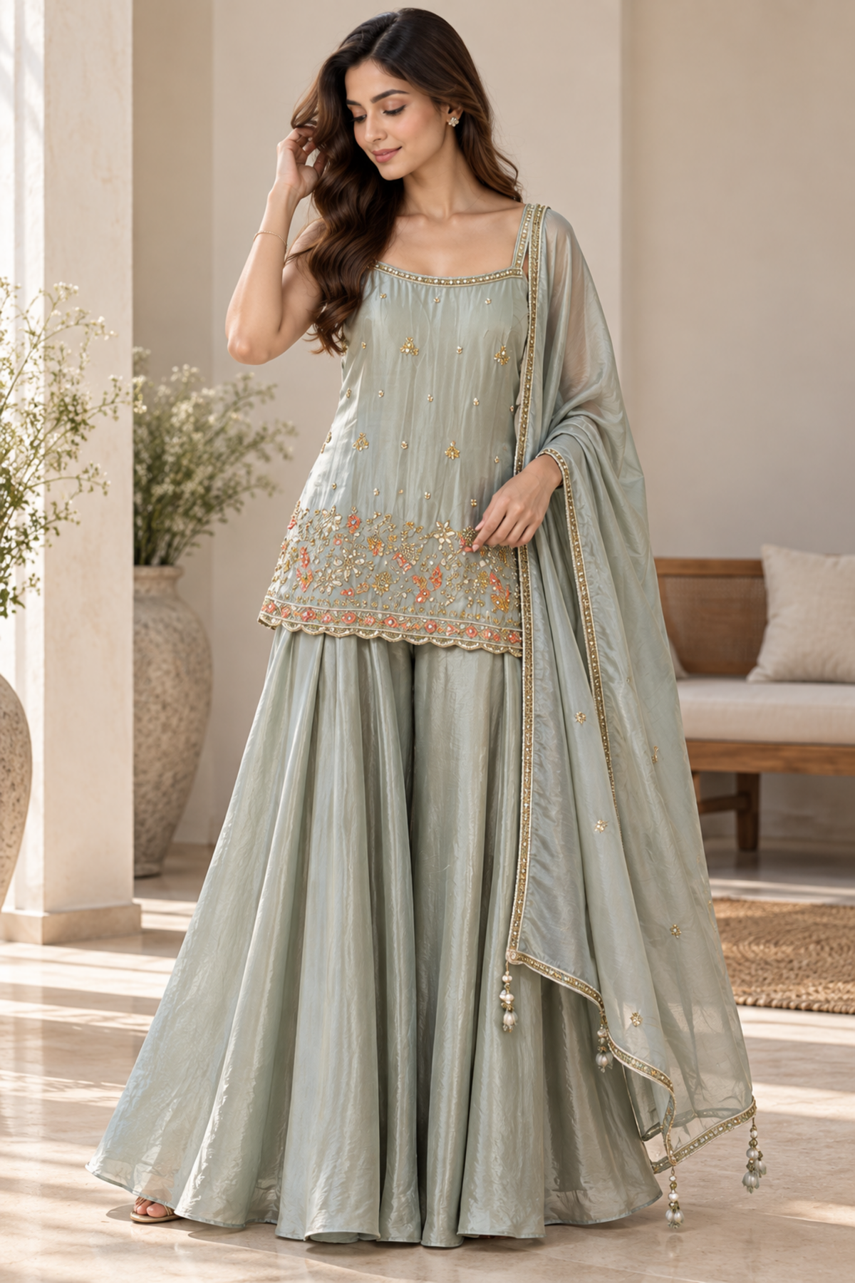 Sage Green Embroidered Sharara Set With Dupatta