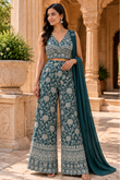 Teal Blue Floral Embroidered Palazzo Set With Dupatta