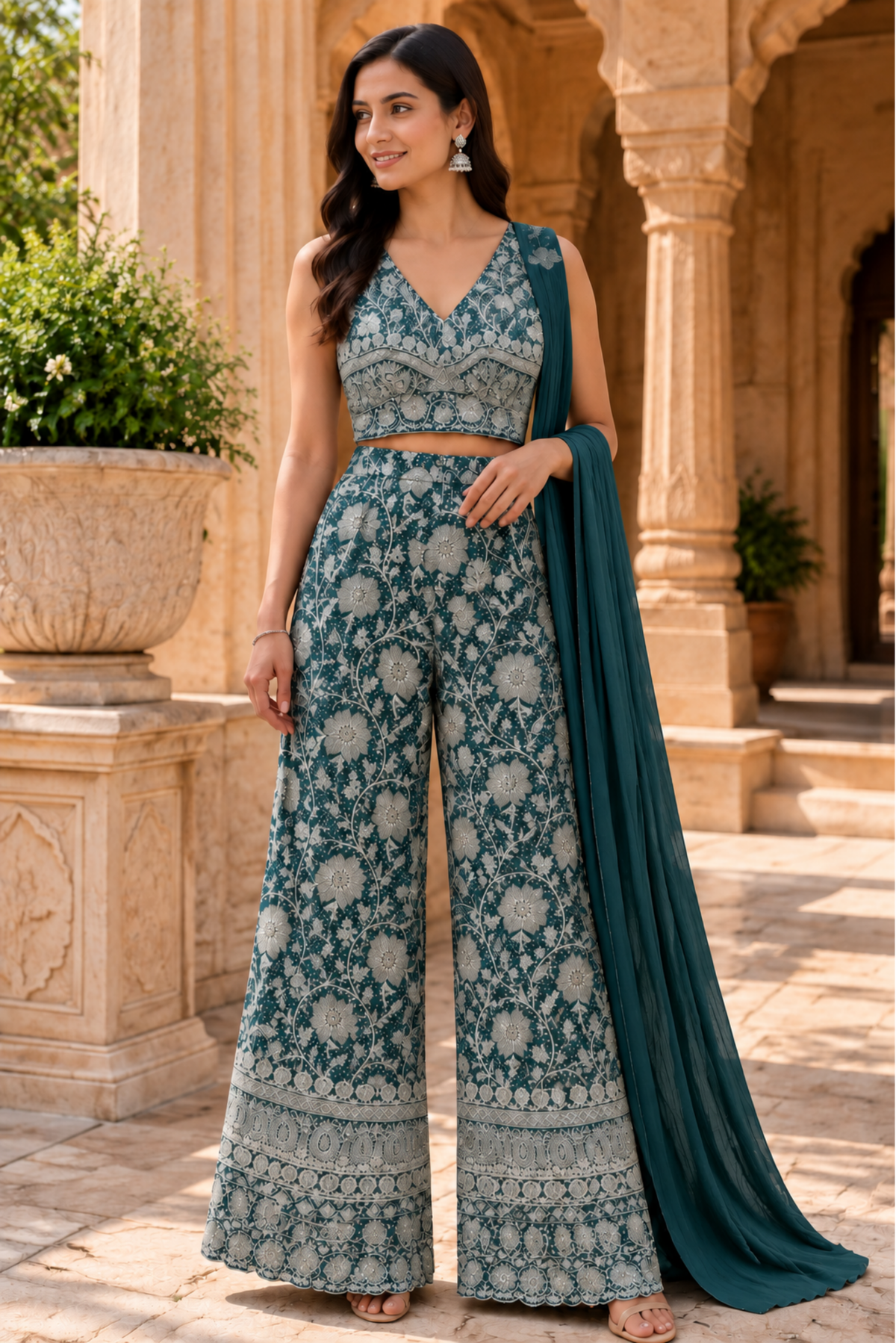 Teal Blue Floral Embroidered Palazzo Set With Dupatta
