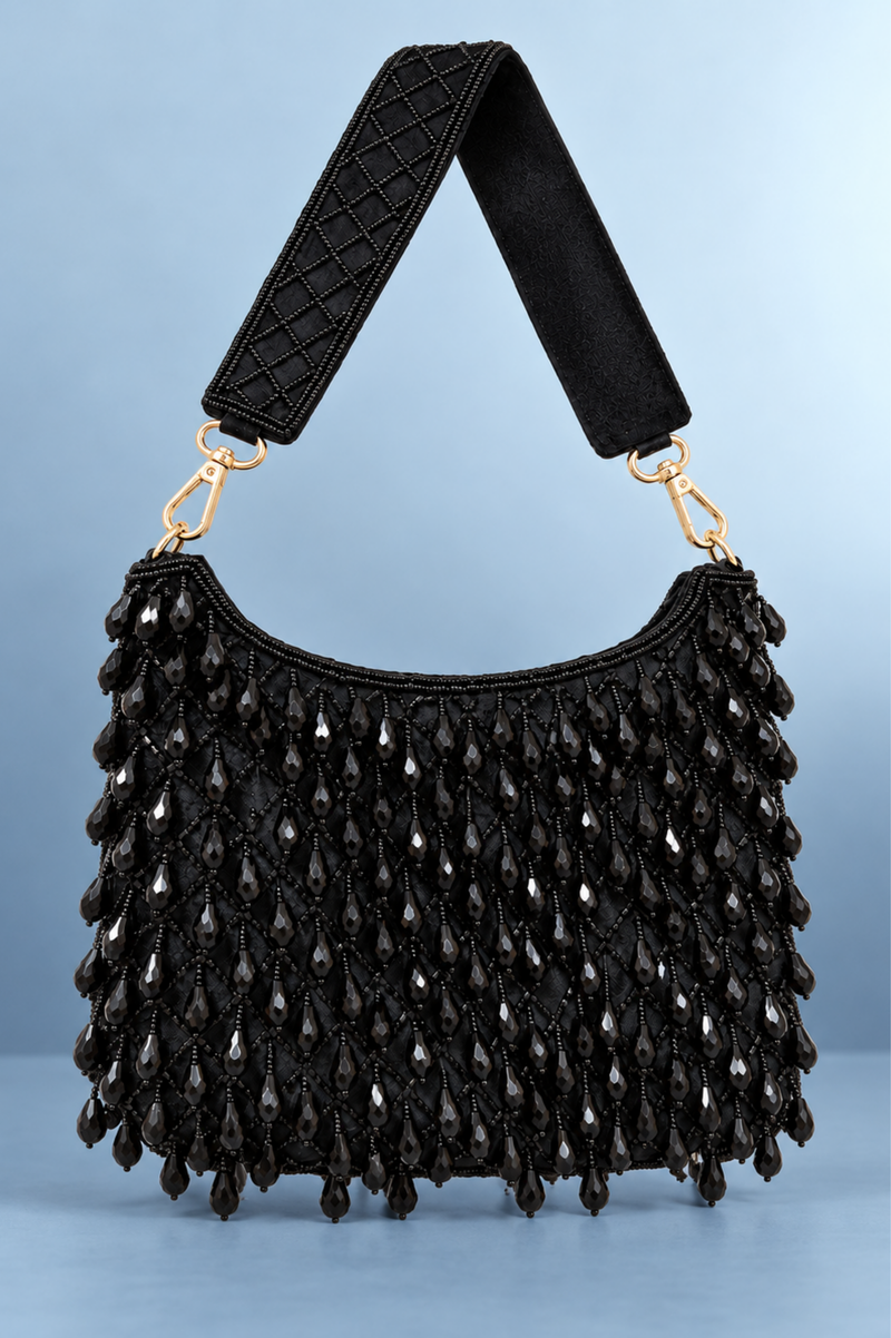 Black Beaded Shoulder Bag With Embellished Strap