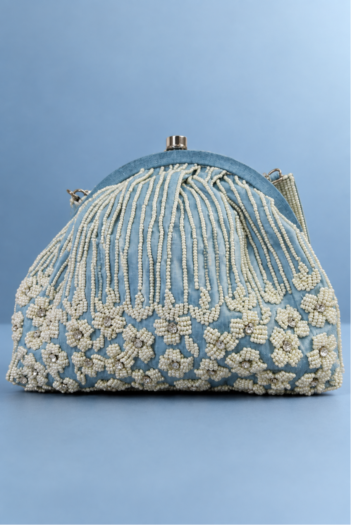 Sky Blue Beaded Floral Clutch Bag