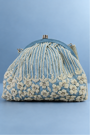 Sky Blue Beaded Floral Clutch Bag