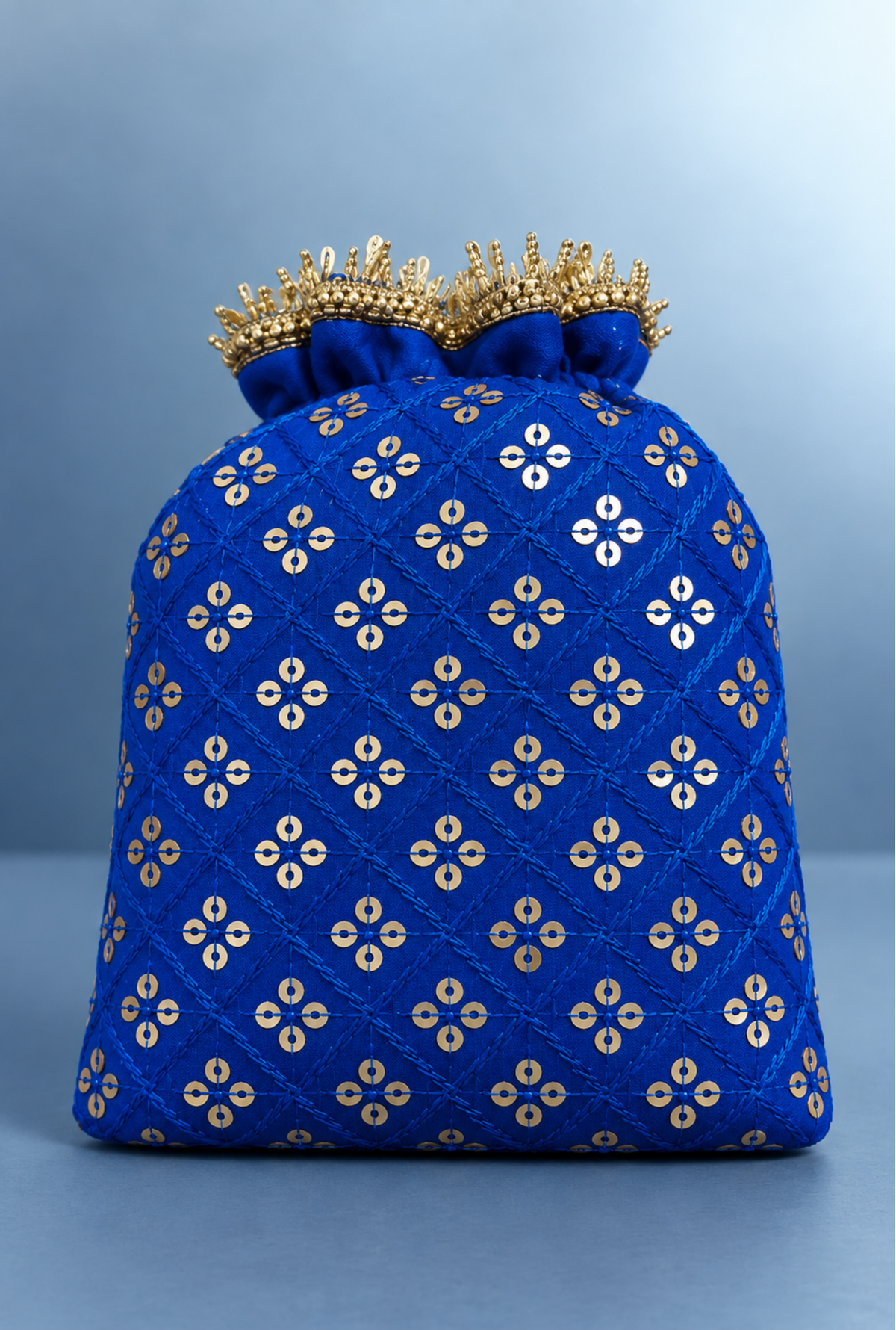 Royal Blue Quilted Potli Bag With Gold Embroidery