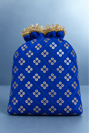 Royal Blue Quilted Potli Bag With Gold Embroidery