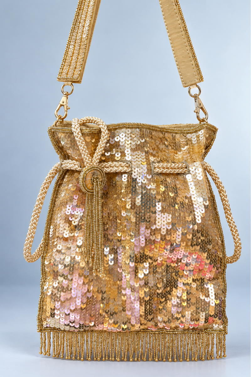 Champagne Gold Sequin Potli Bag With Tassel Fringe