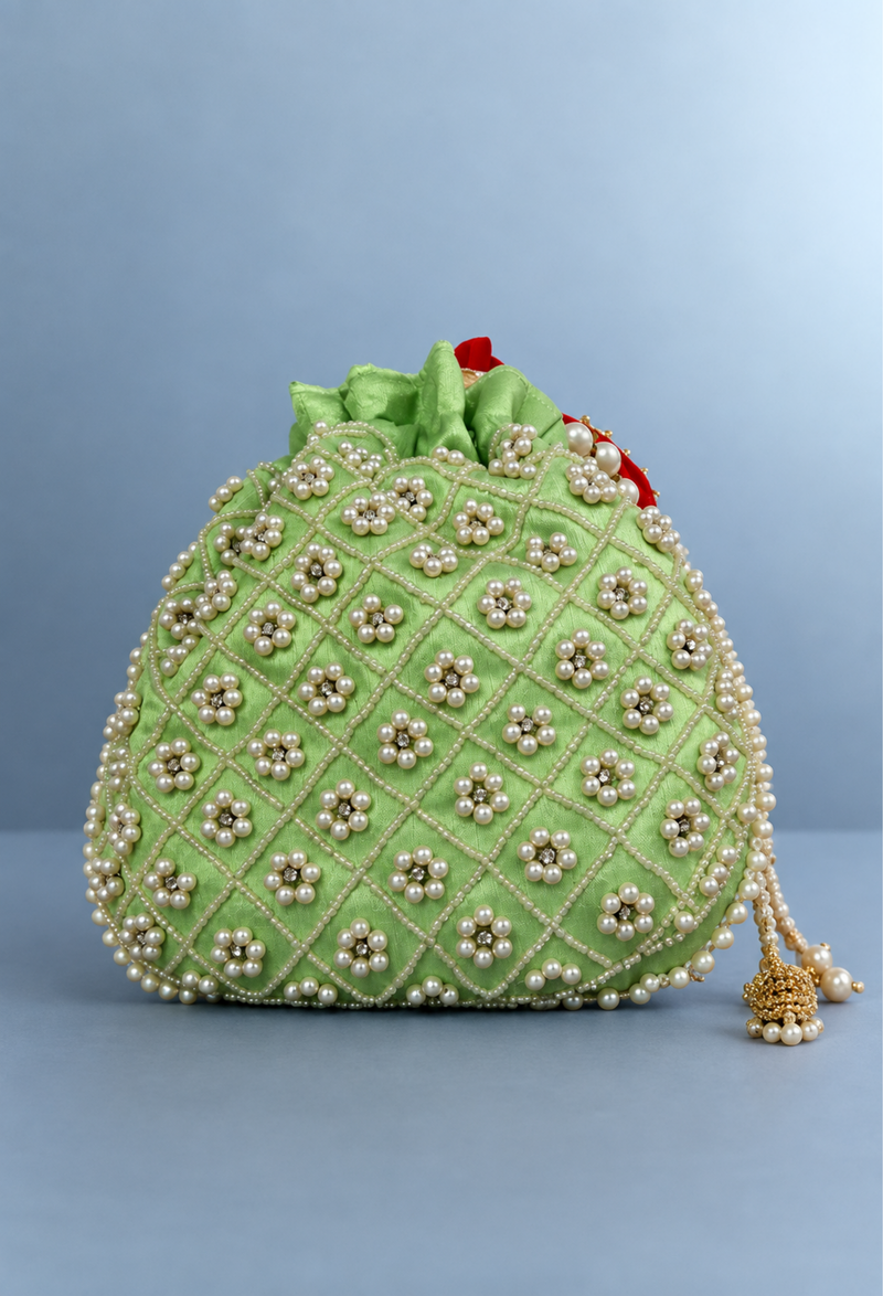 Pastel Green Pearl Embellished Potli Bag