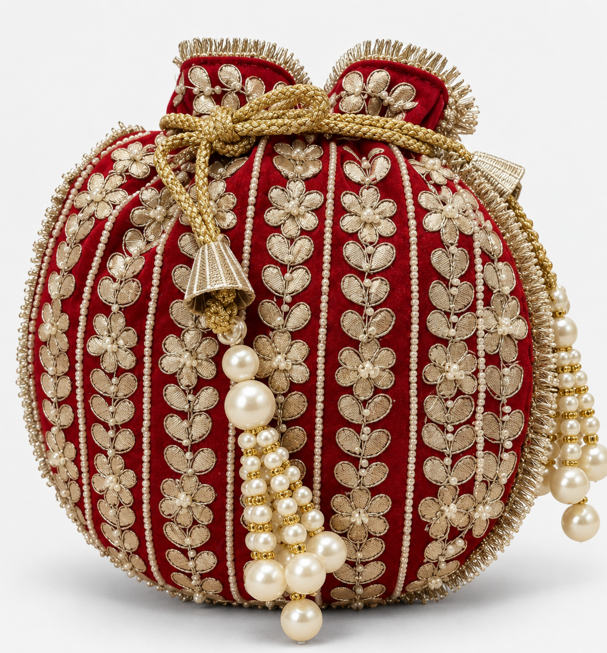 Maroon Embroidered Pearl Potli Bag