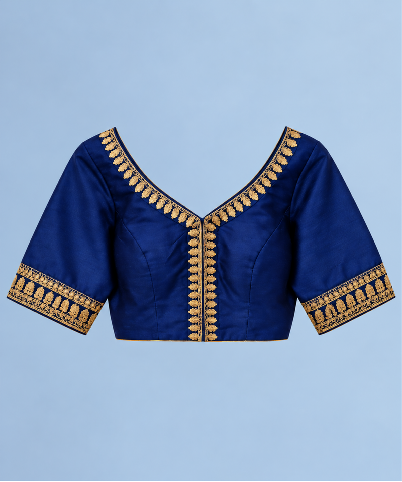 Royal Blue Embroidered V-Neck Blouse
