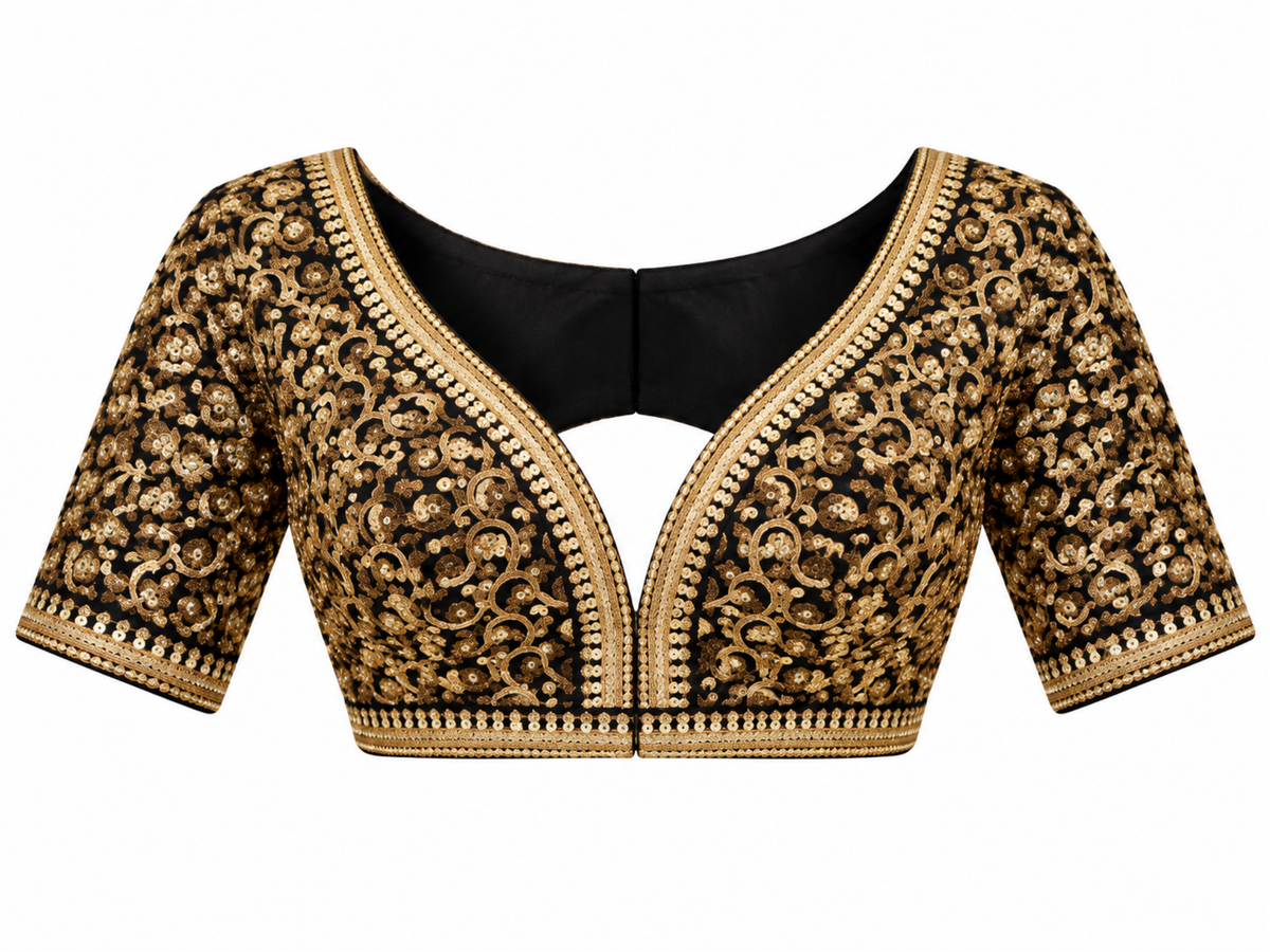 Black & Gold Embroidered V-Neck Blouse
