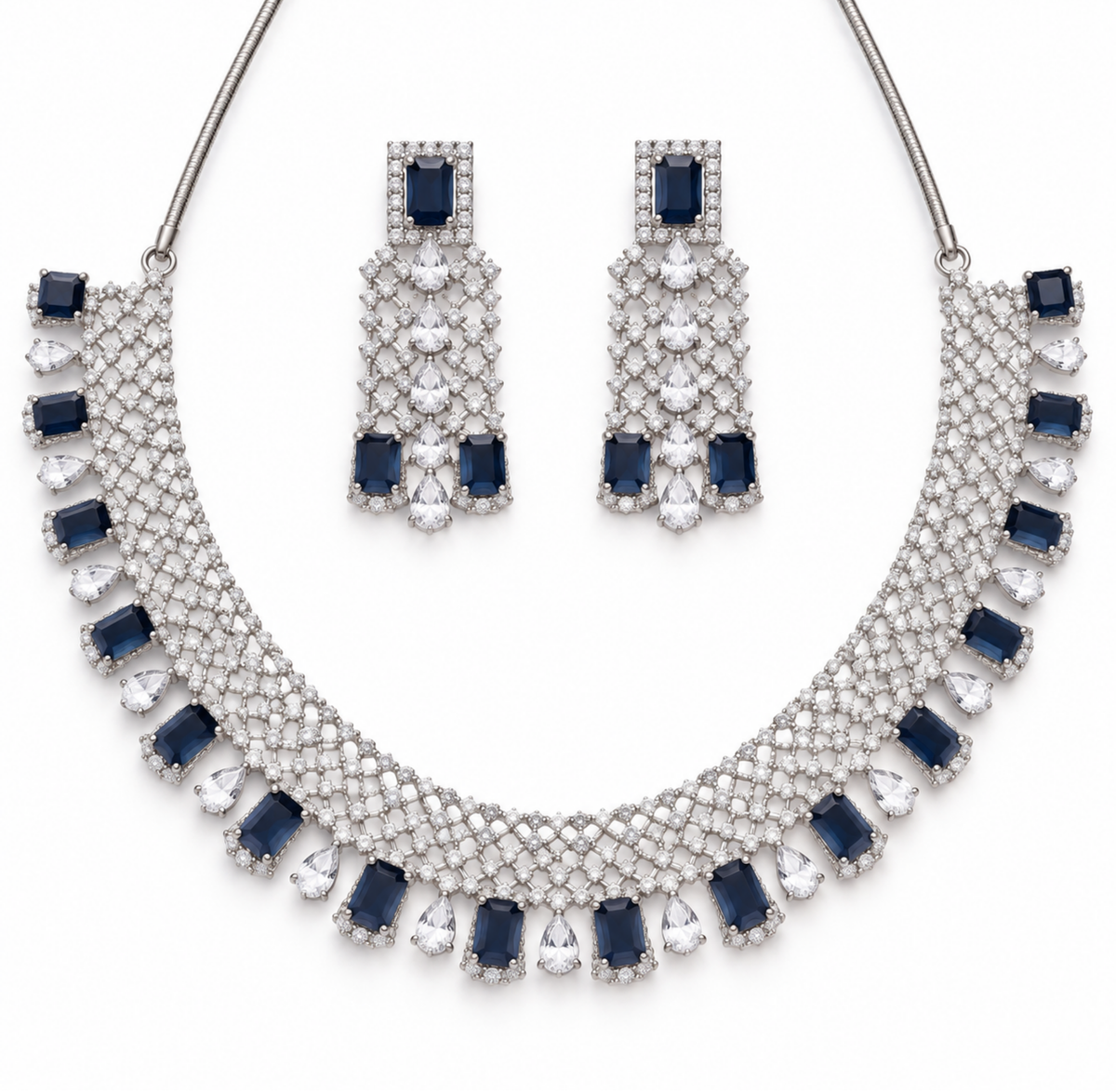 Silver Crystal & Sapphire Blue Necklace Set