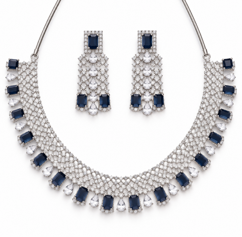 Silver Crystal & Sapphire Blue Necklace Set