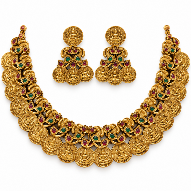 Antique Gold Temple Necklace & Earring Set
