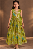 Olive Green Printed Girls’ Anarkali Dress