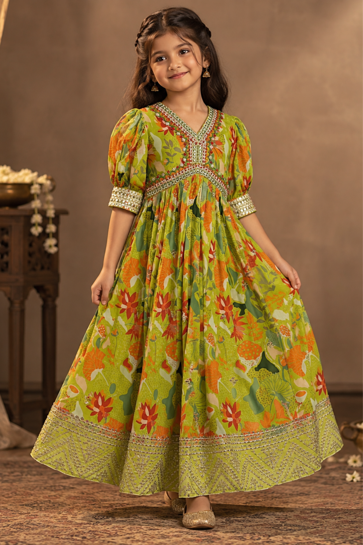 Olive Green Floral Printed Girls’ Anarkali Dress