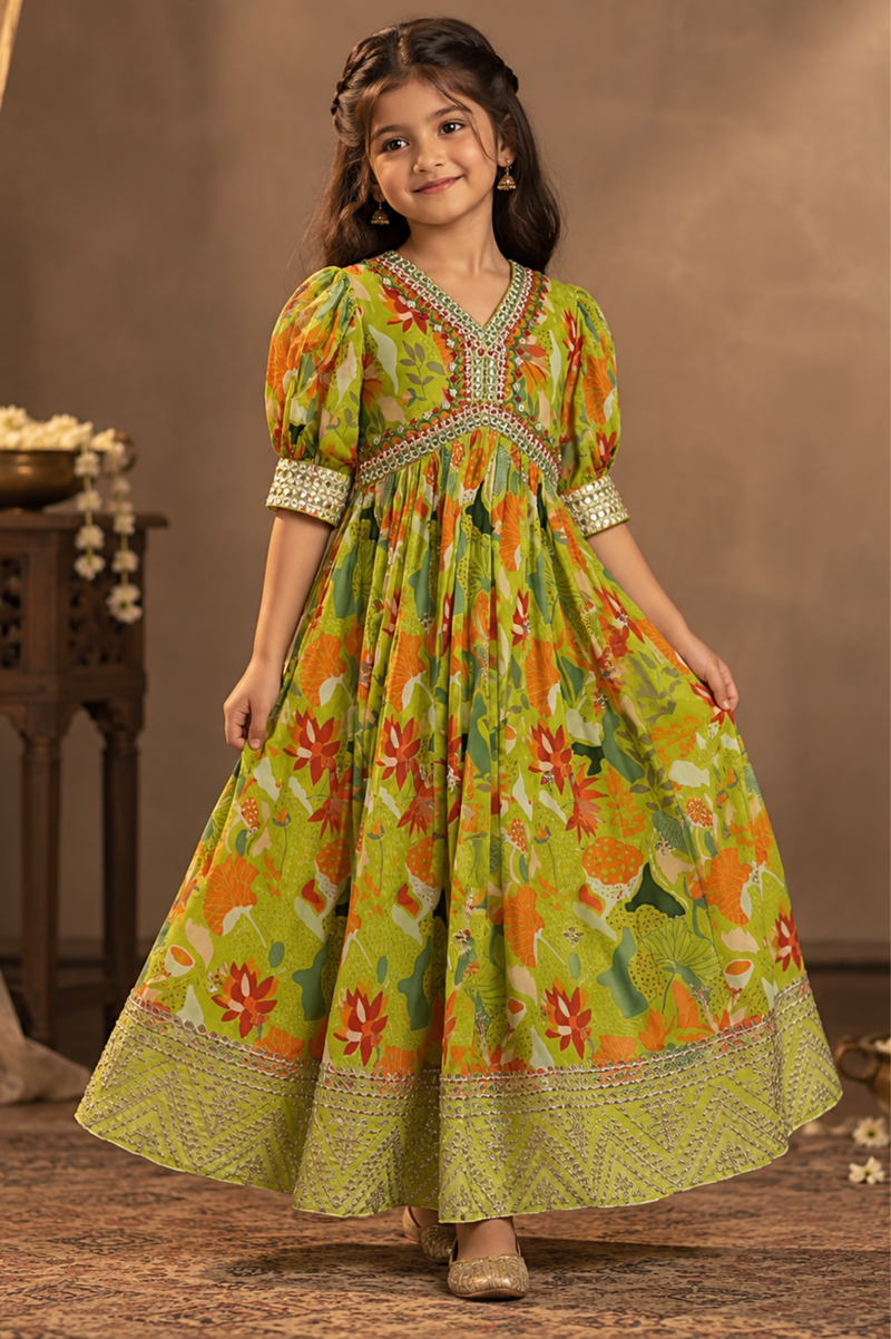 Olive Green Floral Printed Girls’ Anarkali Dress