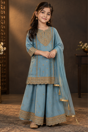 Powder Blue Embroidered Sharara Set For Girls