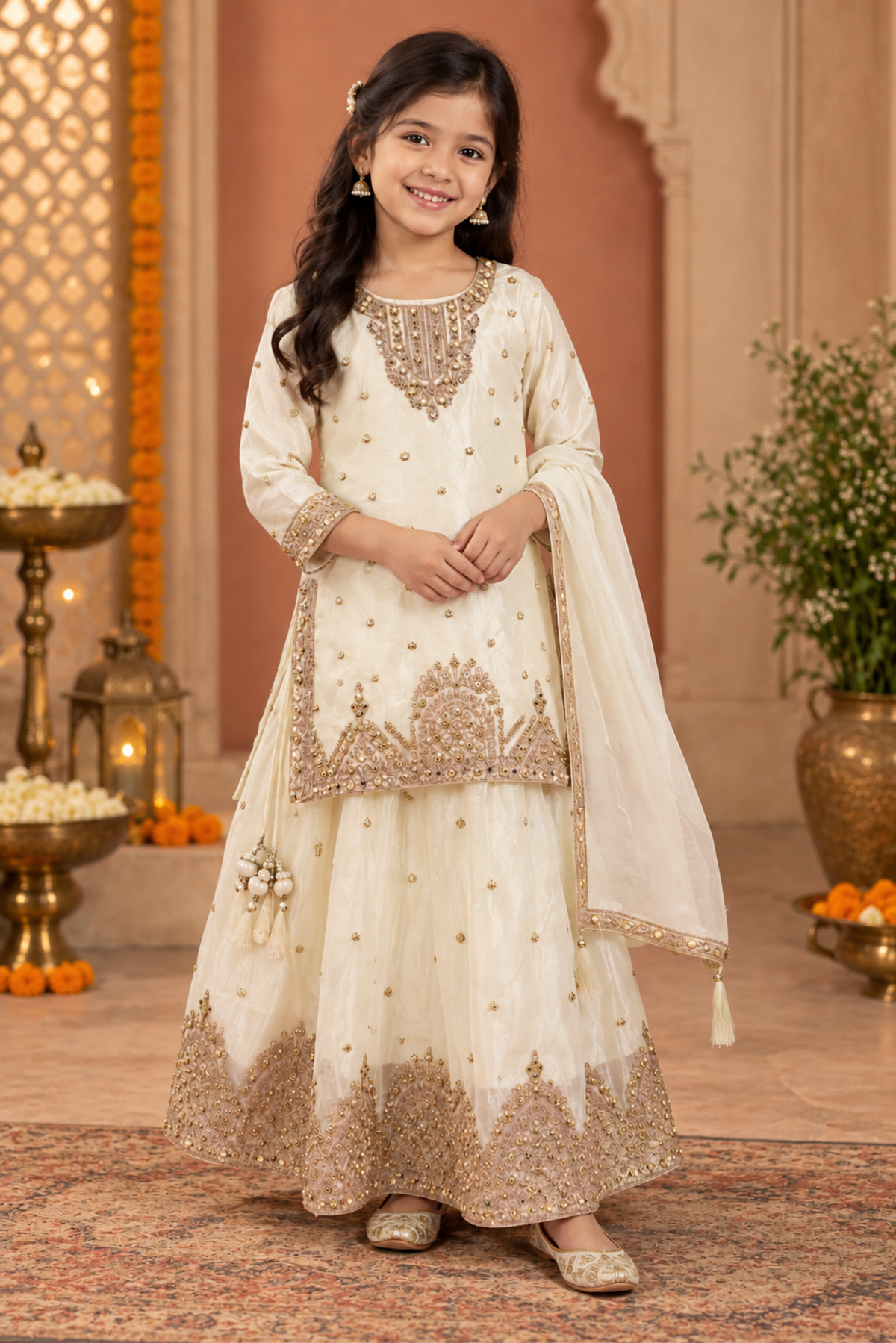 Ivory Embroidered Sharara Set For Girls