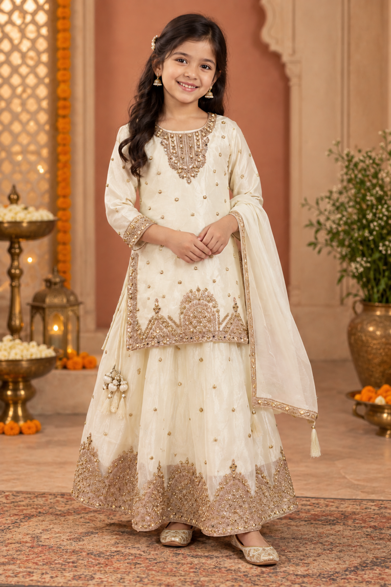 Ivory Embroidered Sharara Set For Girls