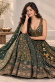 Forest Green Embroidered Lehenga Set With Draped Dupatta