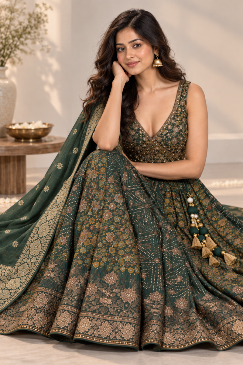 Forest Green Embroidered Lehenga Set With Draped Dupatta