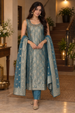 Teal Blue Jacquard Kurta Set With Embroidered Dupatta