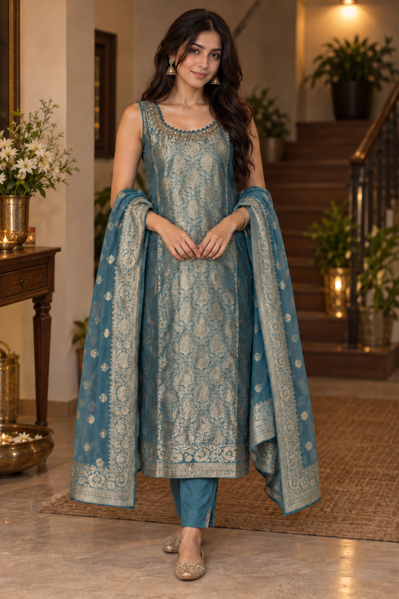 Teal Blue Jacquard Kurta Set With Embroidered Dupatta