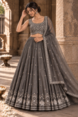 Charcoal Grey Embroidered Lehenga Set With Draped Dupatta