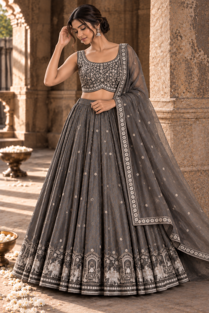 Charcoal Grey Embroidered Lehenga Set With Draped Dupatta