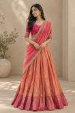Coral Pink Embroidered Lehenga Set With Draped Dupatta
