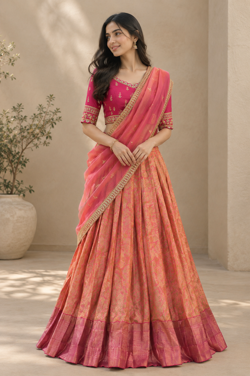 Coral Pink Embroidered Lehenga Set With Draped Dupatta