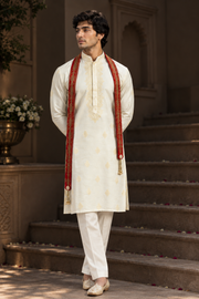 Ivory Embroidered Kurta Set With Red Patterned Stole
