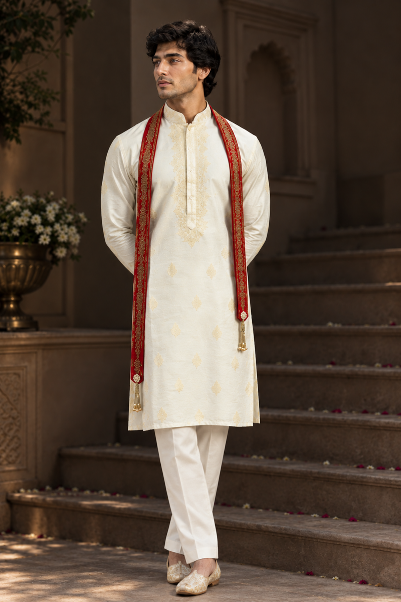 Ivory Embroidered Kurta Set With Red Patterned Stole