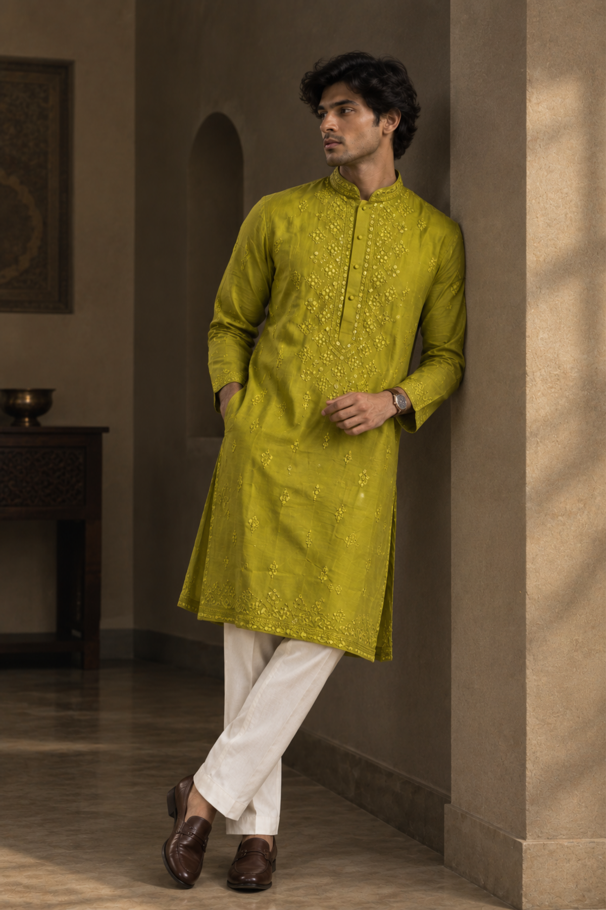 Olive Green Embroidered Kurta Set