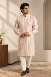 Ivory Textured Striped Kurta Set With Pastel Detailing