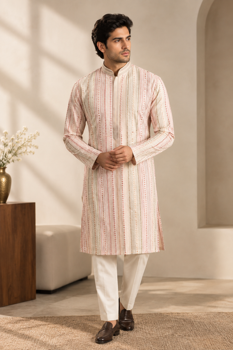 Ivory Textured Striped Kurta Set With Pastel Detailing