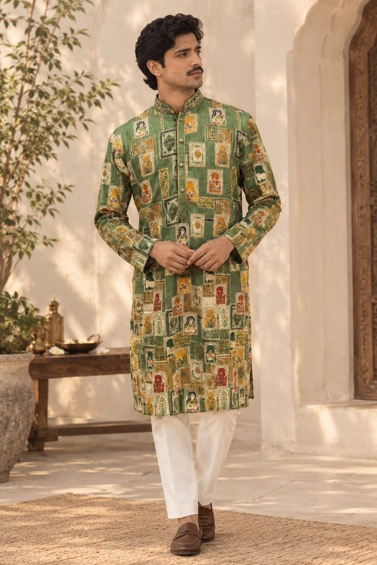Olive Green Artisanal Printed Kurta Set